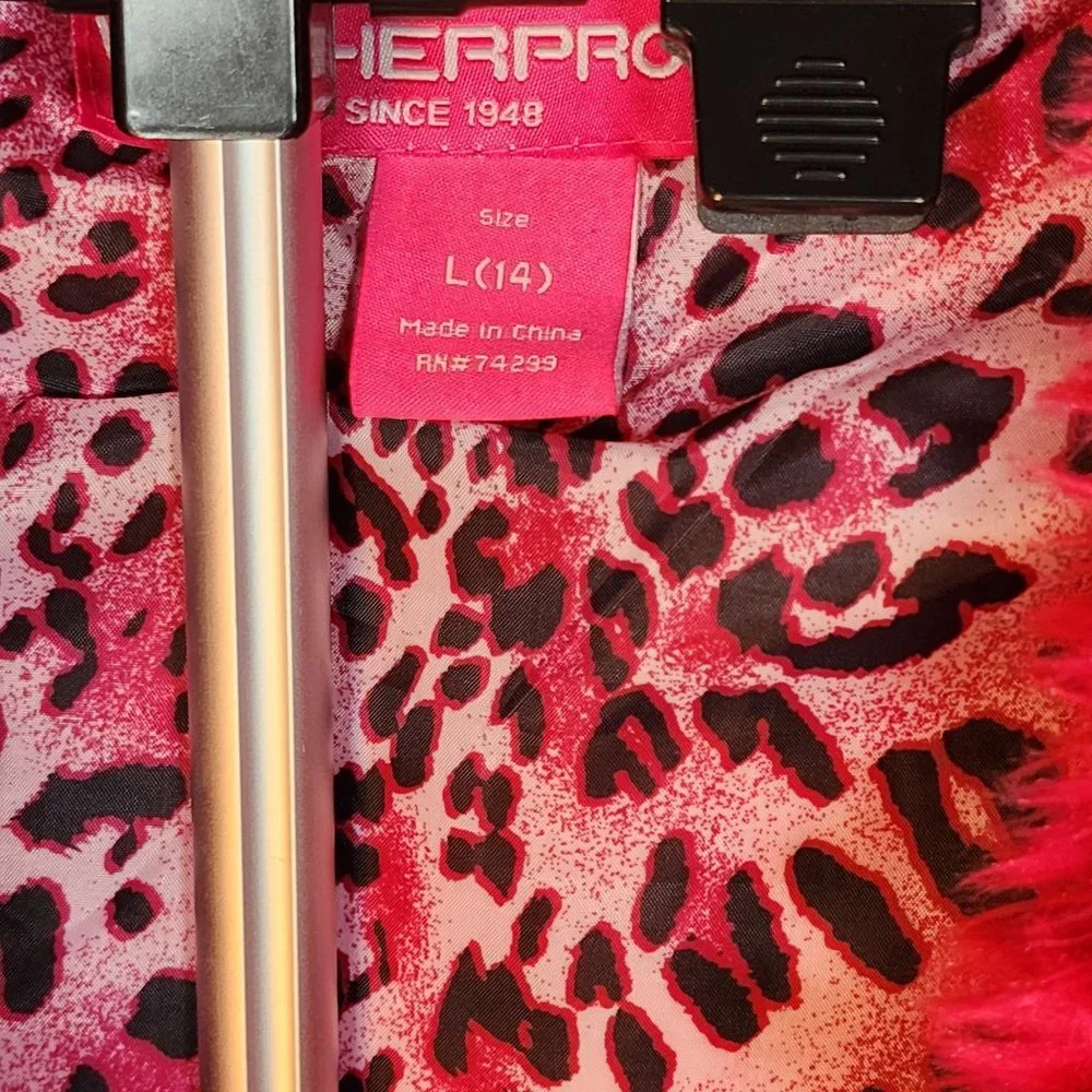 Girls Large Hot Pink Fuzzy Hooded Zip Up Jacket‎ Cheetah Lining